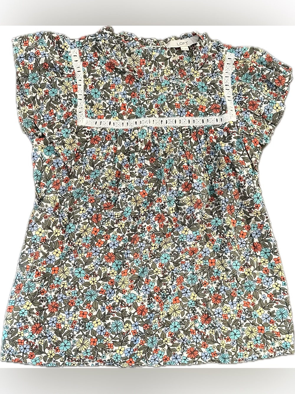 LOFT Multicolor Floral Crochet-Yoke Short Sleeve Tunic